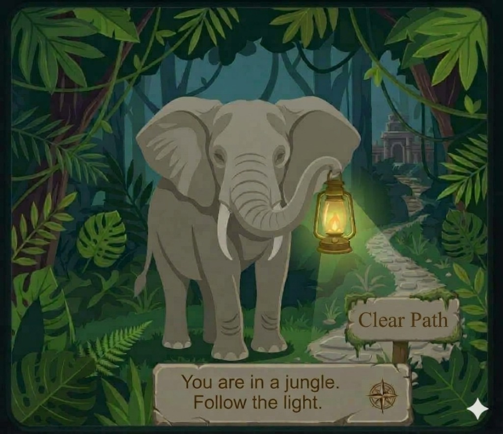 An elephant in a jungle holding a lantern beside a sign that reads 'Clear Path' — You are in a jungle. Follow the light.
